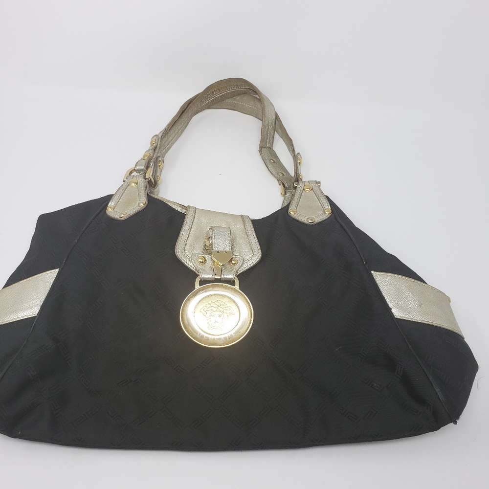 Authentic Vintage Versace Black Gold Leather Nylon